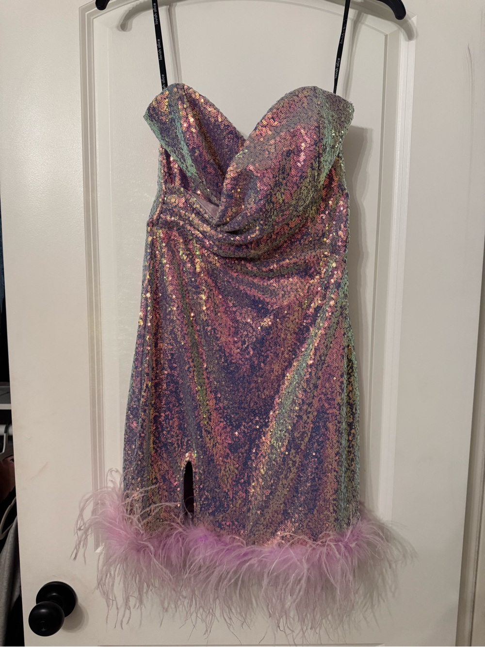 Iridescent Pink Sequin Cowl Dress with Feather Hem